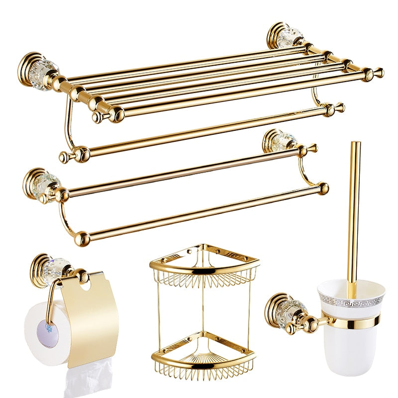 Crystal Clear Bathroom Accessories Set Gold Polished